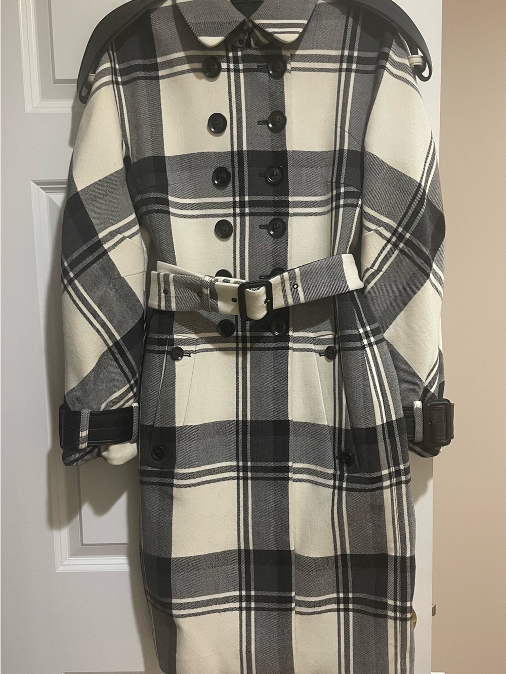 Burberry Black & Cream Plaid Double-Breasted Trench Coat